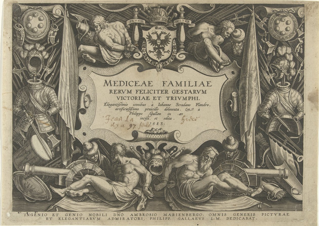 美第奇家族》系列标题印刷品
美第奇家族的家族史（系列标题）
Mediceae Familiae rerum feliciter gestarum victoriae et triumph（实物上的系列标题） 作者 飞利浦加勒