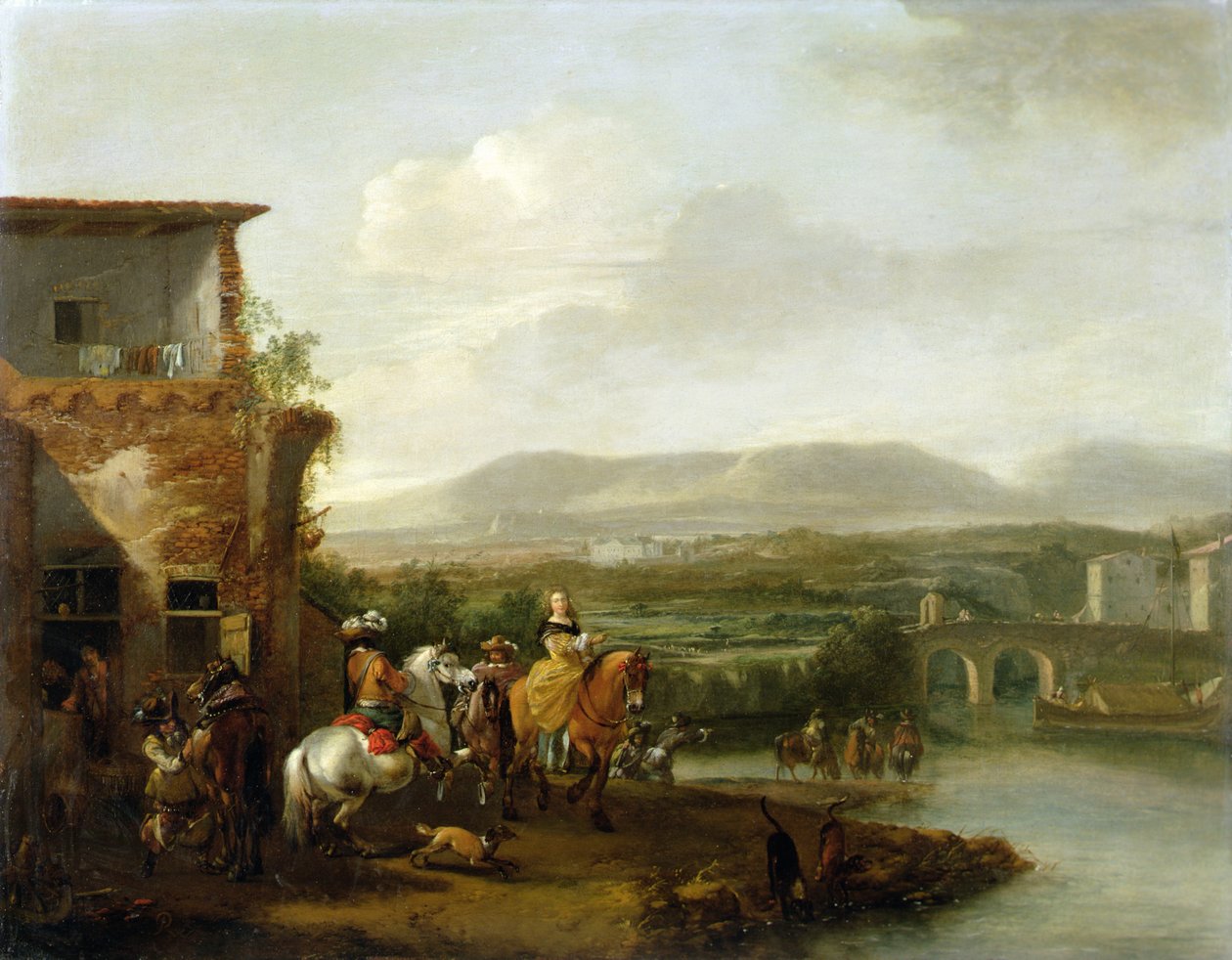 河边农场外的优雅骑马聚会（布面油画） 作者 飞利浦Wouwermans或Wouvermans