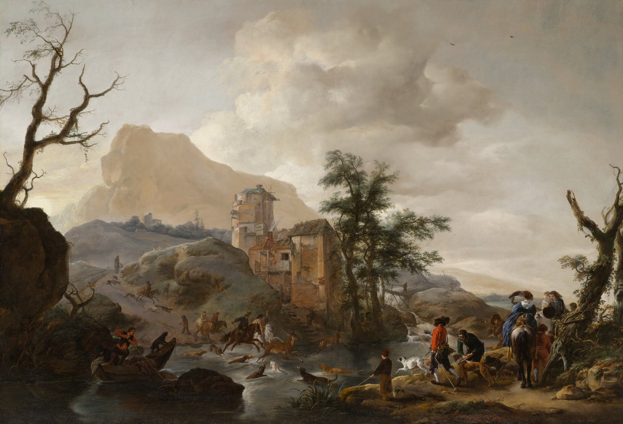 Stag Hunt in a river，c.1650-1655 作者 飞利浦Wouwerman