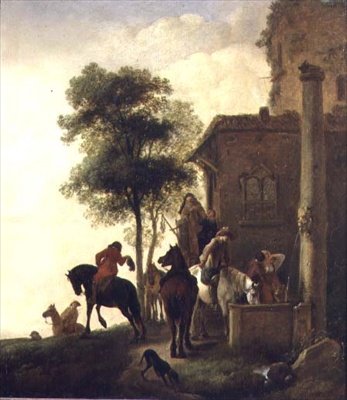 旅店外饮马的旅行者（板画油画） 作者 飞利浦Wouwermans或Wouwerman