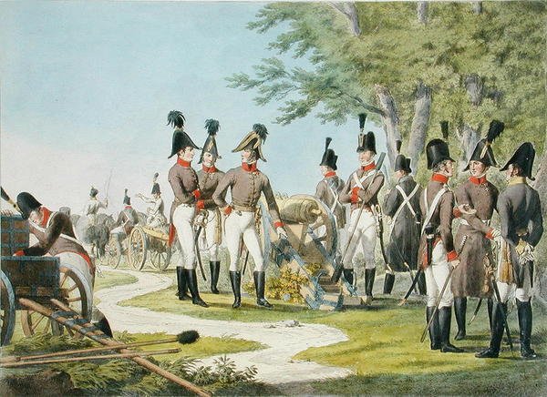 拿破仑战争后奥地利帝国皇家军队的新炮兵和装备，约1820年（彩色平印）。 作者 菲利普·冯（后）Stubenrauch