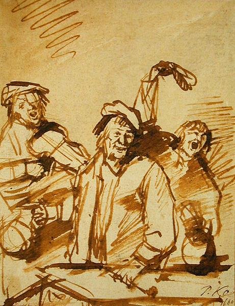 三个性格开朗的年轻人，1660年（笔和棕色墨水在纸上） 作者 菲利普·德·科宁克