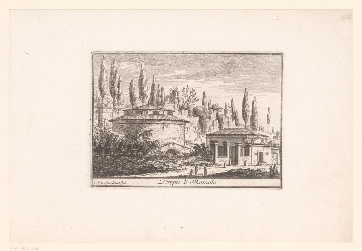 罗穆卢斯神庙的景色 Tempio di Romolo（物体上的标题） 古代和现代罗马的景色（系列标题） Varie Vedute di Roma Antica, e Moderna（系列标题） 作者 菲洛西·弗朗索瓦·杜弗洛斯