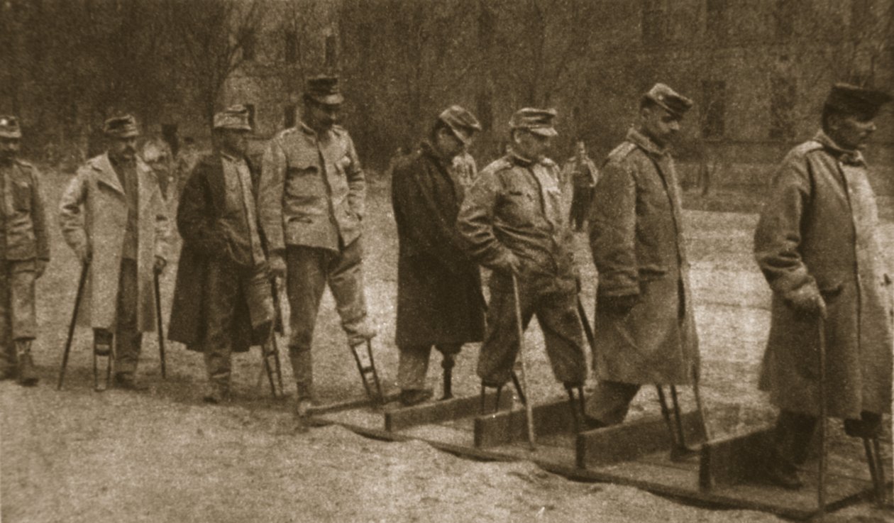 In Brest-Litovsk Hospital: crippled Austrians practising walking with artificial limbs, from 