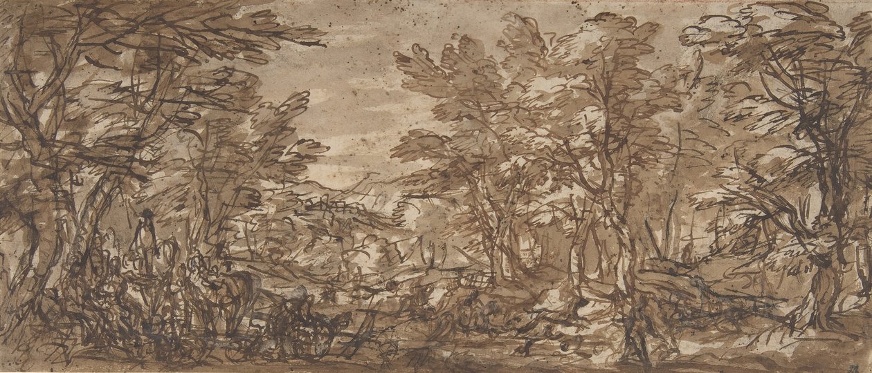 森林场景，左手边的停顿，中间的狩猎，1612-66。 作者 码头弗朗切斯科莫拉