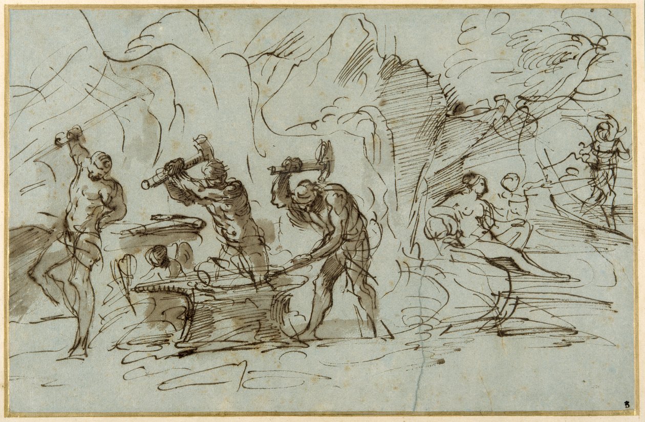 The Forge of Vulcan（带水洗的钢笔和墨水，在纸上用水粉加高） 作者 码头弗朗切斯科莫拉