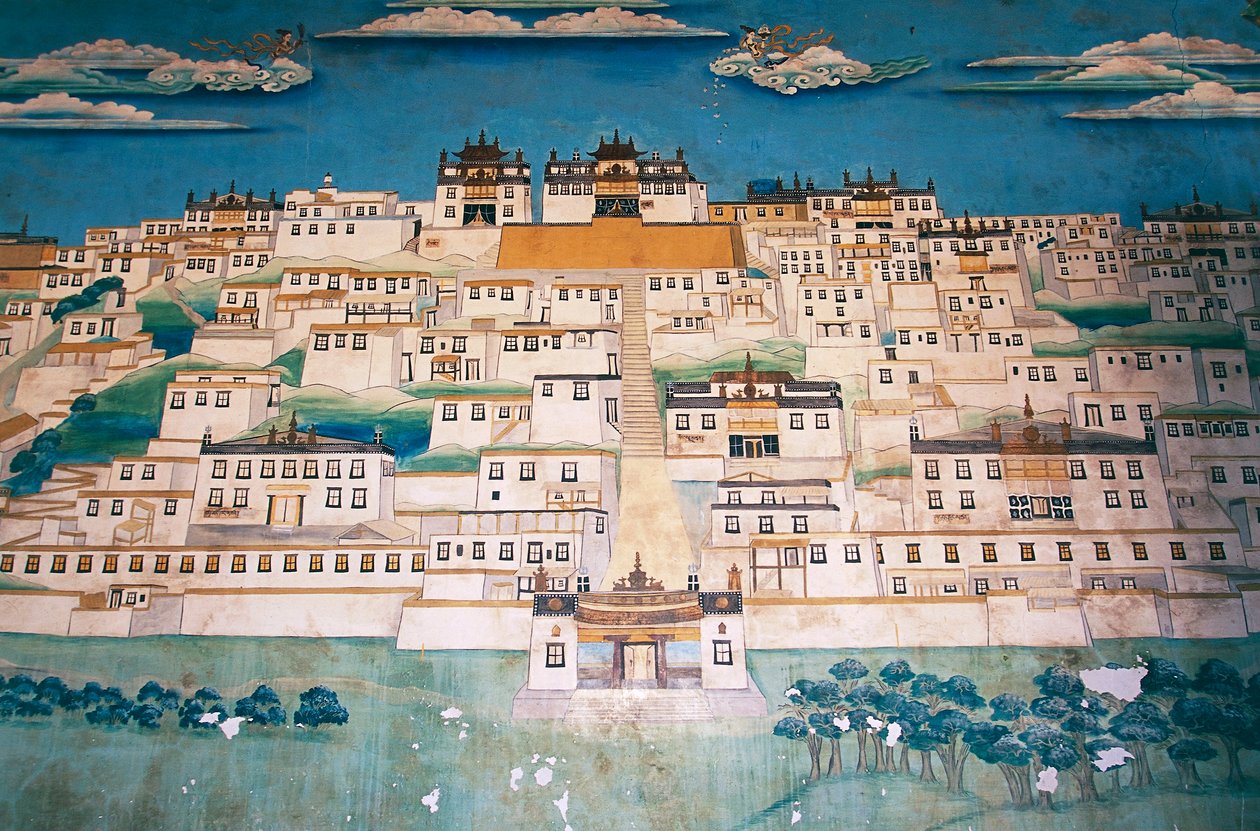 中国云南省中甸（藏语为Gyalthang，2001年被中国政府改名为香格里拉，以促进西藏高原这一地区的旅游业）甘丹参禅寺（gompa）内描绘城市的壁画 作者 布莱斯·尼古拉斯·勒苏尔