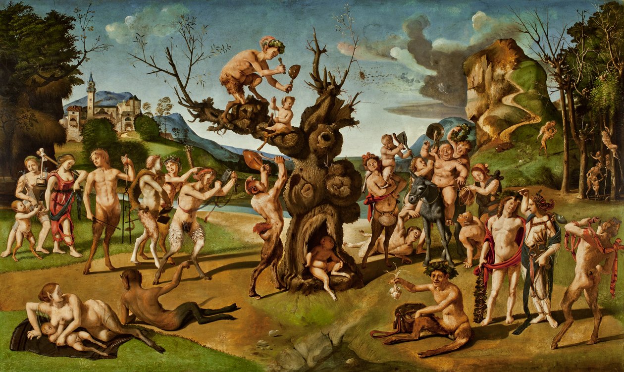 Bacchus发现蜂蜜，c.1499（面板上的蛋彩画） 作者 皮耶罗迪科西莫