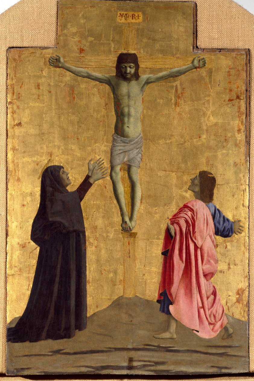 米塞里科德的息肉：米塞里科德的圣母，被圣徒包围。 Piero della Francesca (1415/20-1492) 1445-1460 Dim 的十字架木画上刻有“INRI”字样的受难细节。 81x52,5 厘米 Sansepolcro，Pinacoteca C 作者 皮耶罗·德拉·弗朗西斯卡