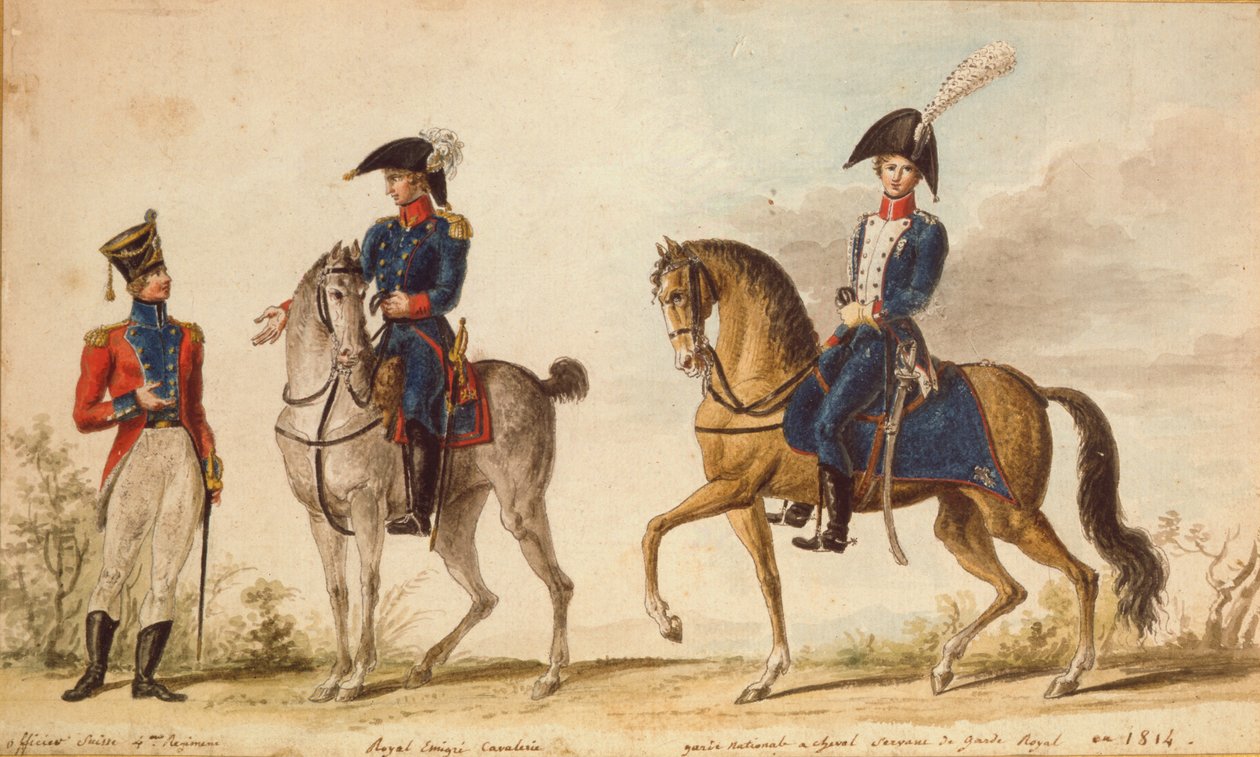 第四团的瑞士军官，皇家埃米格尔骑兵的骑士和1814年国民警卫队（水粉画） 作者 皮埃尔·安托万·莱苏厄