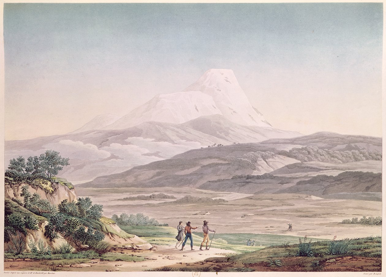Cajambe的视图，来自Humboldt的亚历山大（1769-1859）的“游记到新大陆的等轴地区”，由Michel Bouquet（1807-90）镌刻于1814年 作者 