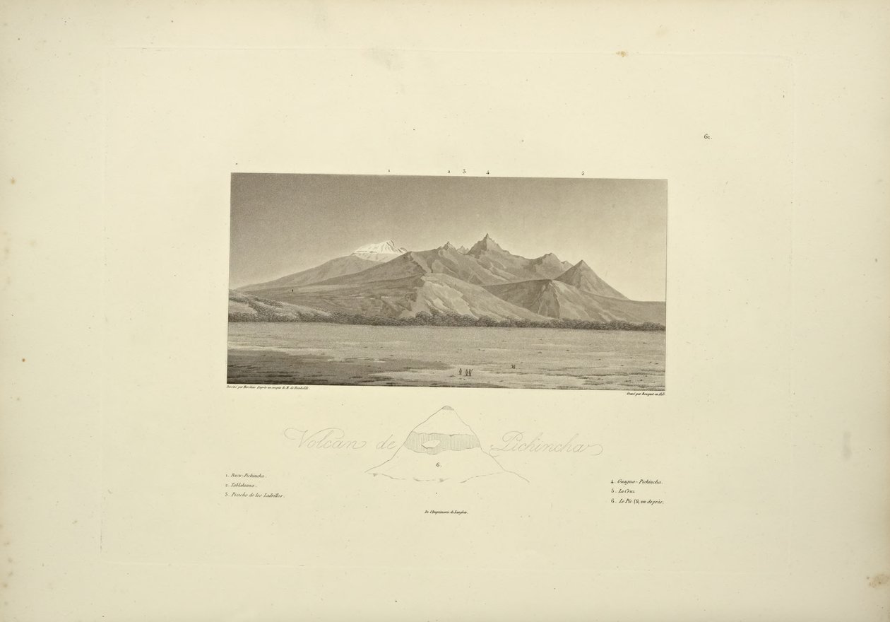 皮钦查火山，由花束雕刻，插图来自“美国土着人民的科迪勒拉斯和美元的观点”，亚历山大·冯·洪堡和艾梅·邦普兰德，1813年 作者 皮埃尔·安托万·马尔凯斯