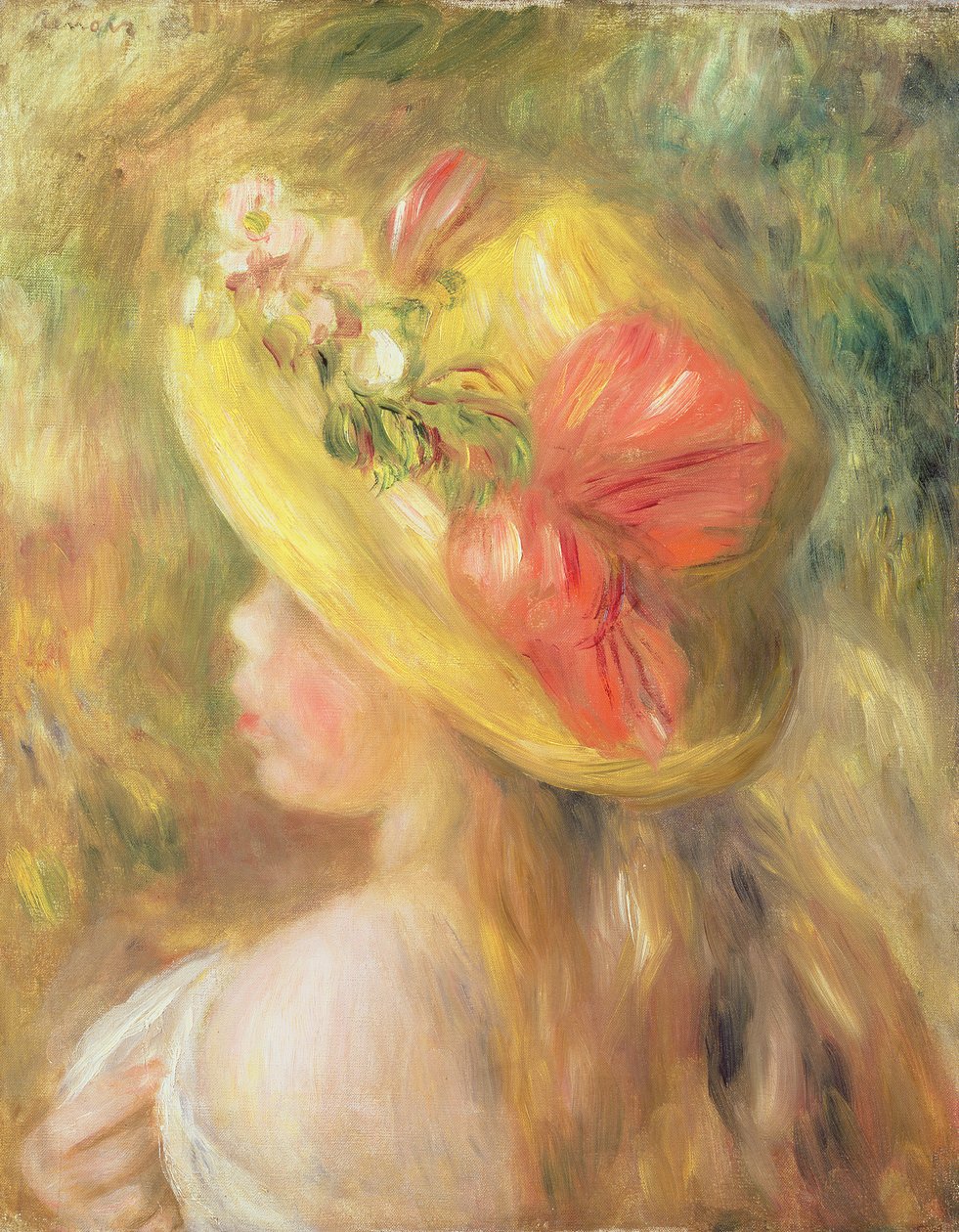 戴着帽子的女孩的头，1893年 作者 皮埃尔·奥古斯特·雷诺阿