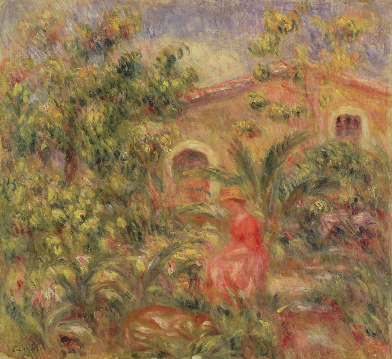 与女人和狗的风景，1917年 作者 皮埃尔·奥古斯特·雷诺阿