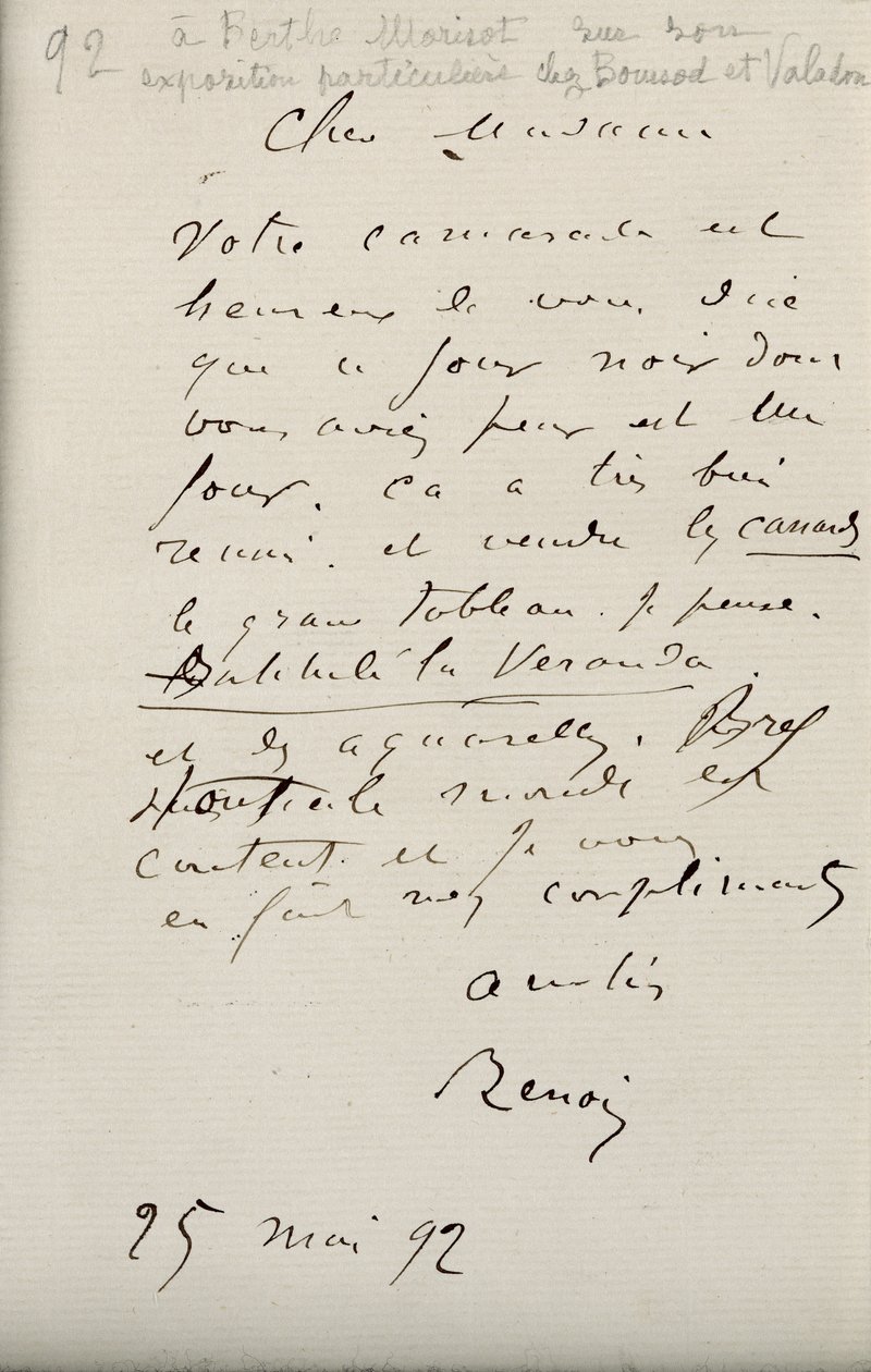 雷诺阿致Berthe Morisot（1841-95）关于她的第一次展览的信，即1892年5月25日 作者 皮埃尔·奥古斯特·雷诺阿