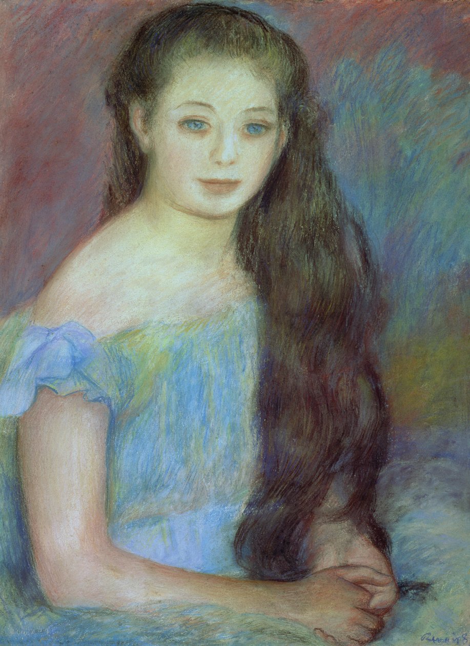 蓝眼睛的年轻女孩的肖像，1887年（粉彩） 作者 皮埃尔·奥古斯特·雷诺阿