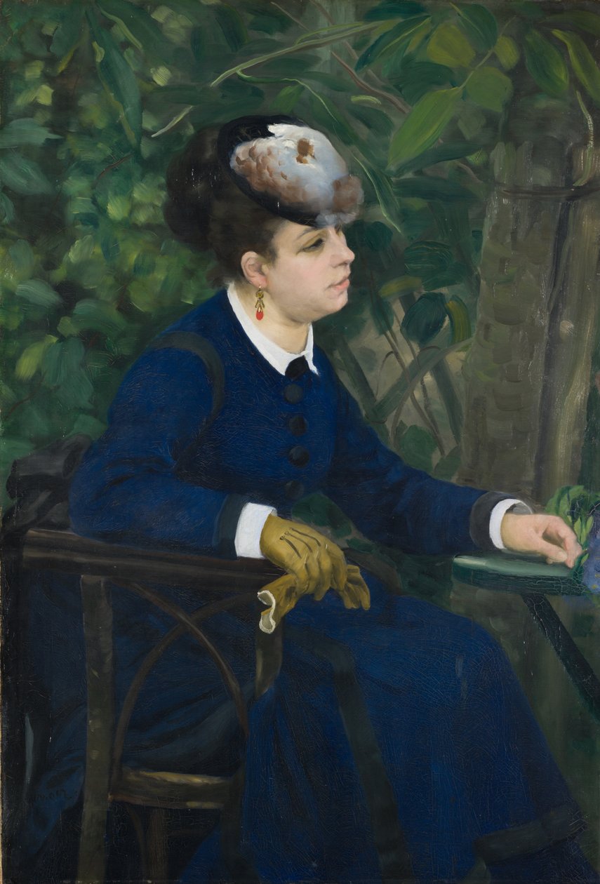 妇女在庭院里（有海鸥帽子的妇女），1868年 作者 皮埃尔·奥古斯特·雷诺阿