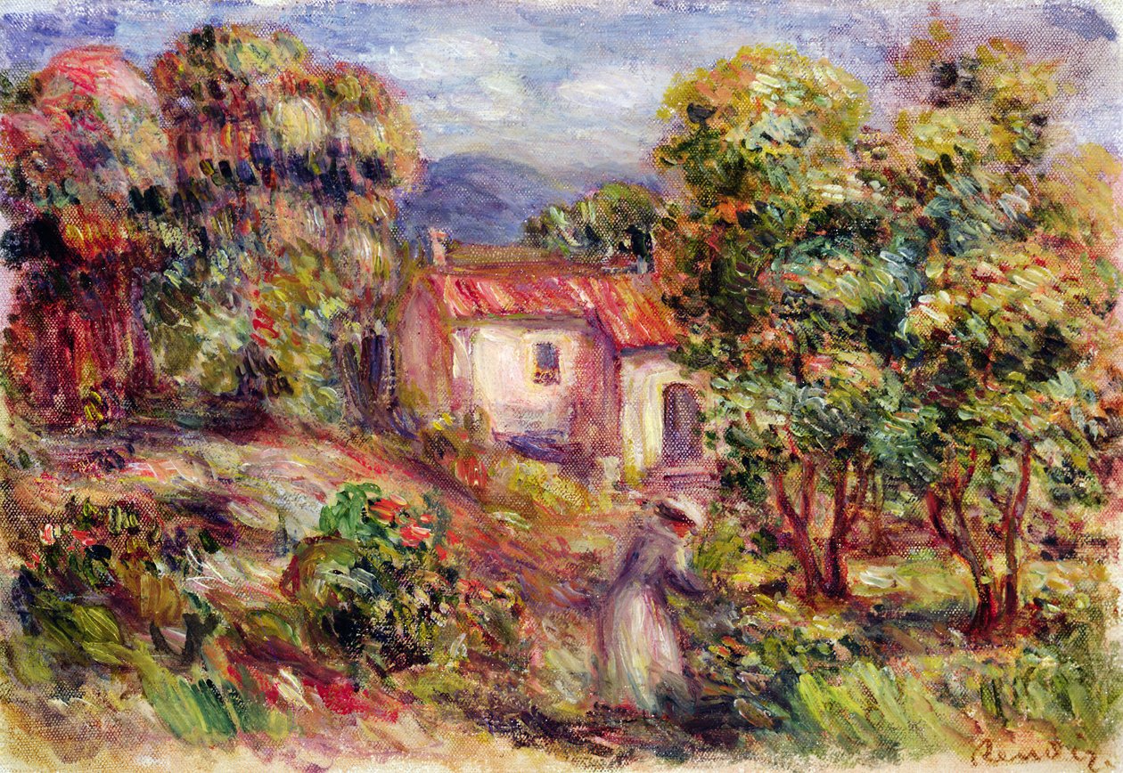 采摘花的妇女在Les Colettes庭院里在Cagnes，1912年 作者 皮埃尔·奥古斯特·雷诺阿