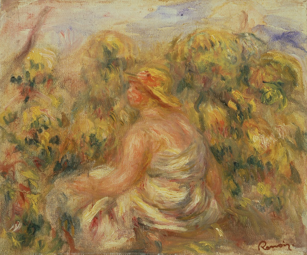 有帽子的妇女在风景（有帽子的妇女在风景）c.1918 作者 皮埃尔·奥古斯特·雷诺阿