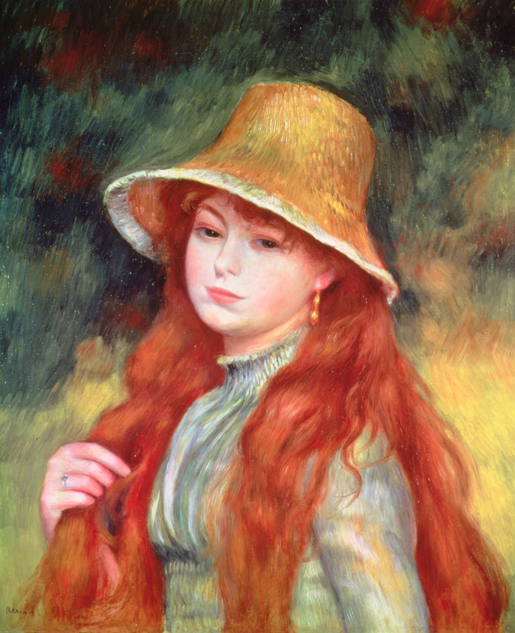有长的头发的女孩或者草帽的女孩，1884年 作者 皮埃尔·奥古斯特·雷诺阿