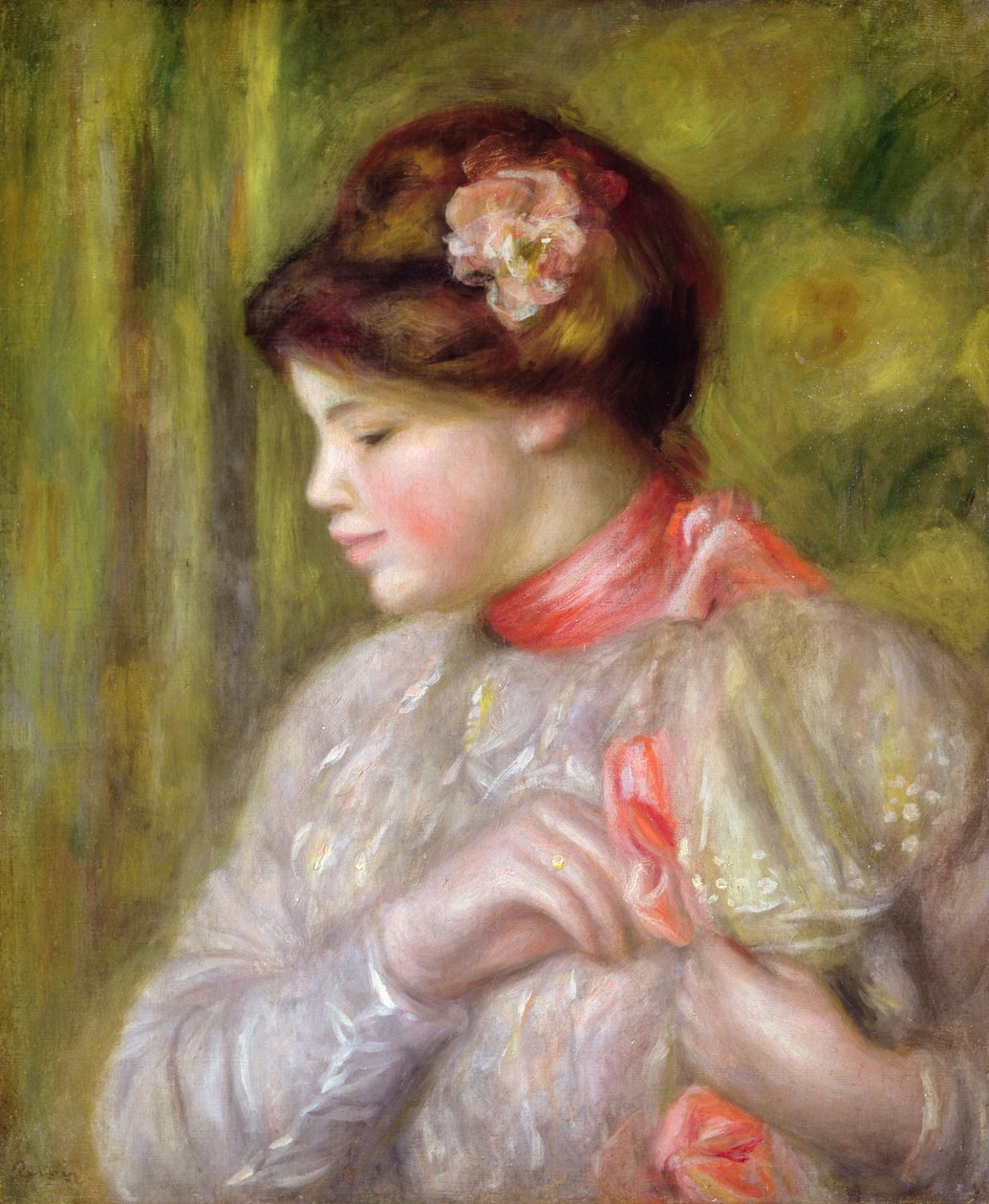 调整她的女衬衫的少妇，1900年 作者 皮埃尔·奥古斯特·雷诺阿