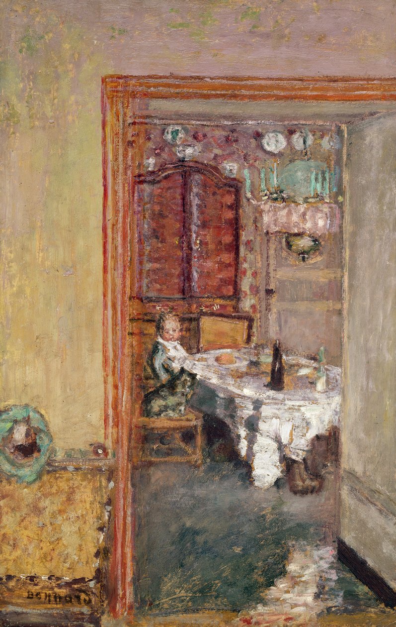 餐厅里的小男孩，c.1898（卡上的油） 作者 皮埃尔·邦纳德
