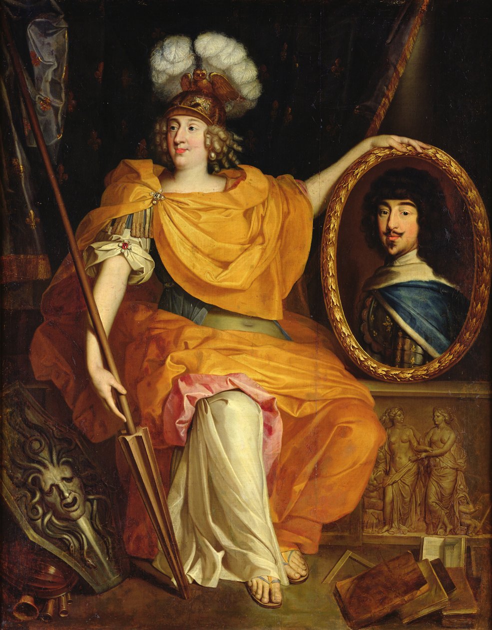 安妮·玛丽·路易斯·奥尔良（Anne Marie Louise d&39;Orleans）持有她父亲的肖像，1672年法国加斯顿 作者 皮埃尔·布吉尼翁