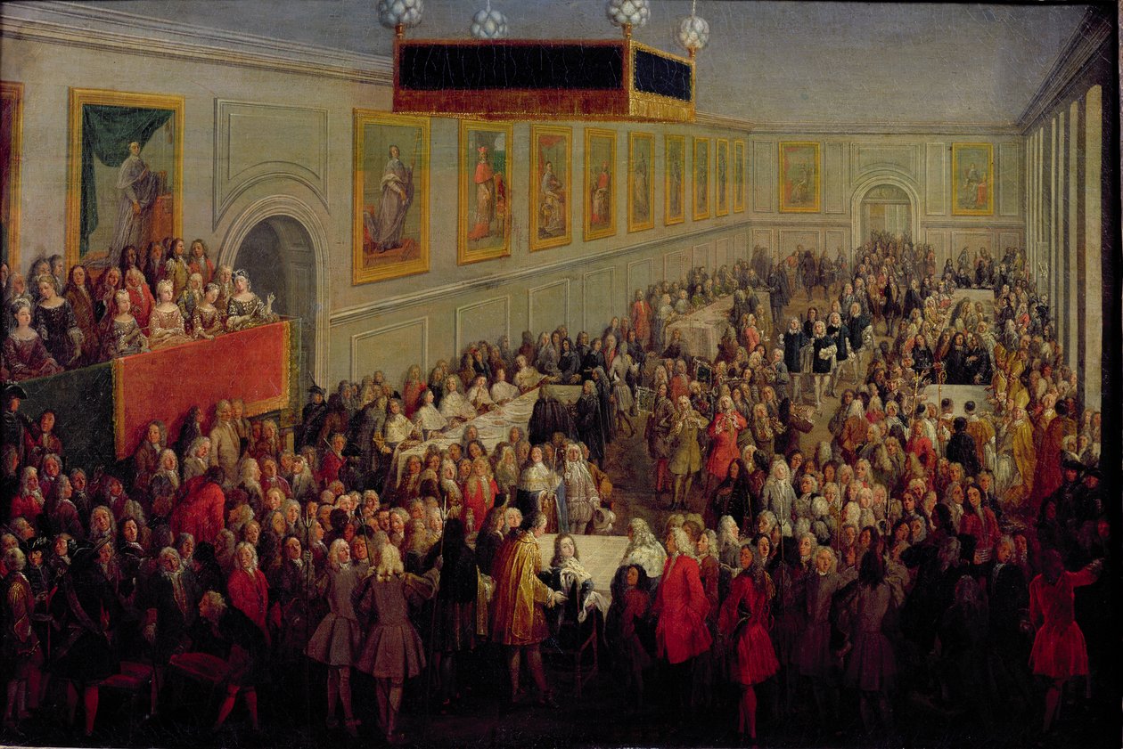 1722年10月25日，1722年10月25日，在路易十五（1710-74）加冕仪式在Rheims的Palais Archiepiscopal举行盛宴 作者 皮埃尔·丹尼斯·马丁