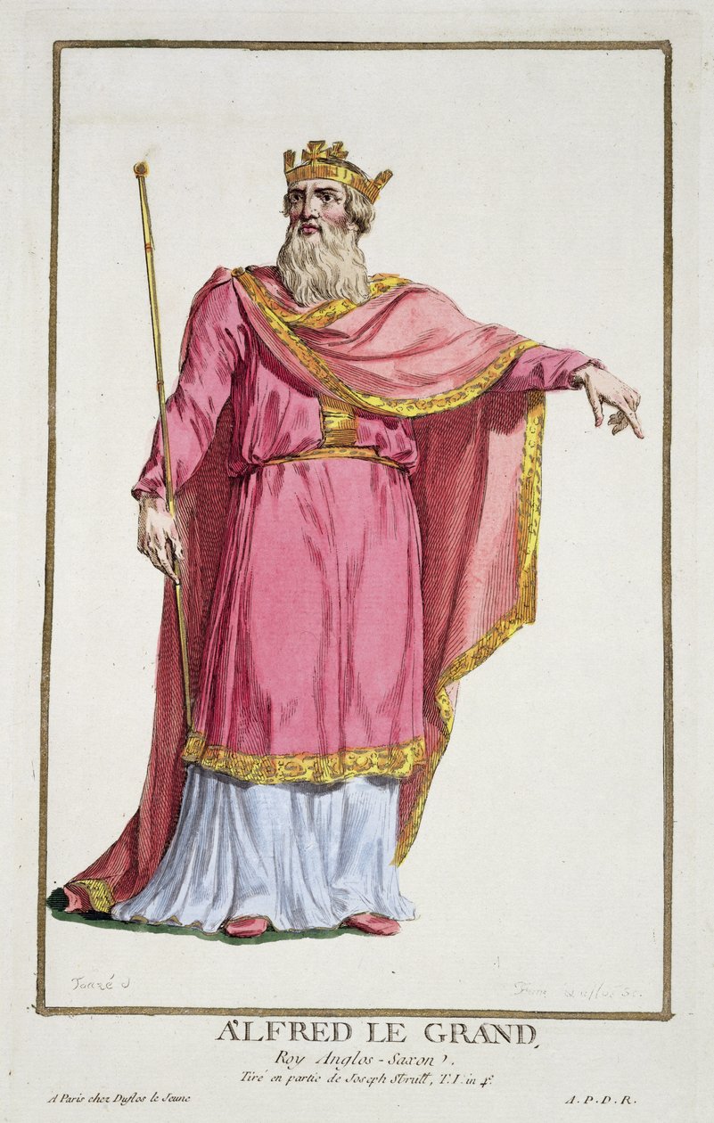 阿尔弗雷德大帝（849-99）来自&39;Receuil des Estampes，代表Ranges和Dignites，遵循所有现有国家的服装&39;，出版1780年（手工彩色雕刻） 作者 皮埃尔·杜弗洛斯