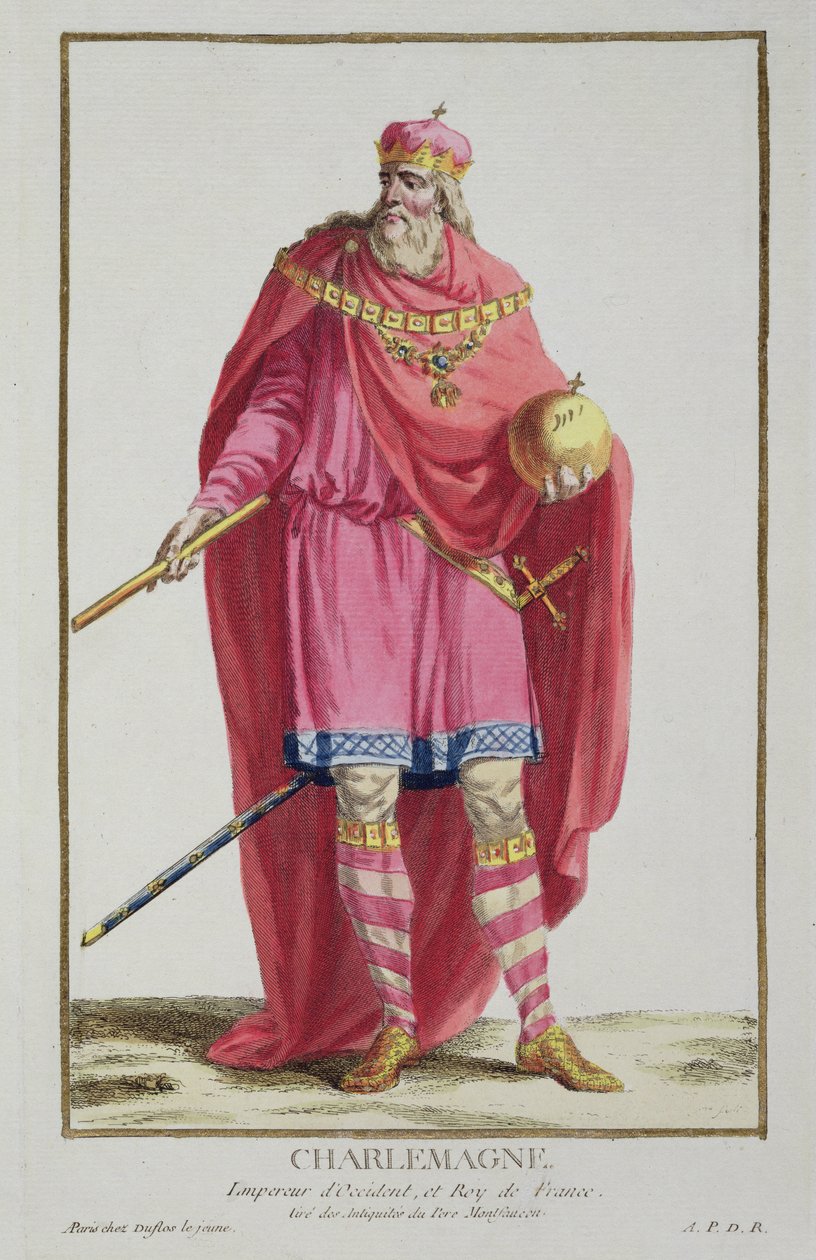 Charlemagne（742-814）来自&39;Receuil des Estampes，代表Ranges and Dignites，遵循所有现有国家的服装&39;，1780年出版（手工彩色雕刻） 作者 皮埃尔·杜弗洛斯