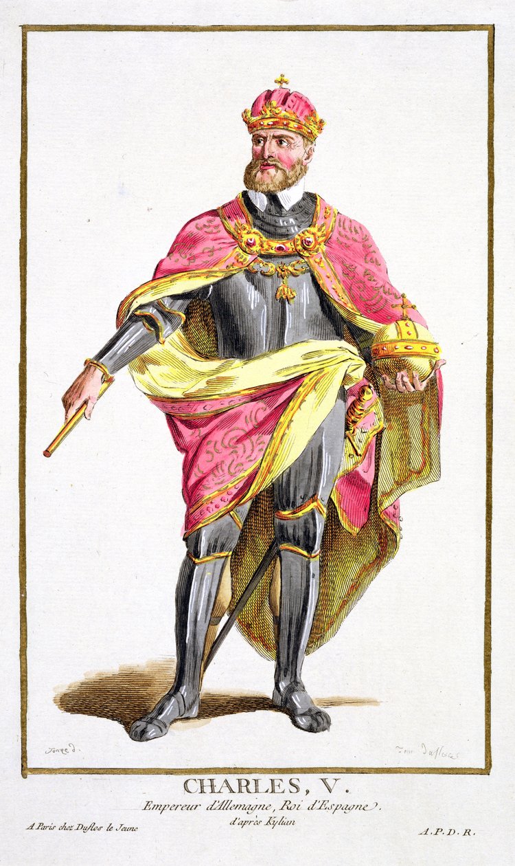 Charles V（1500-58）来自&39;Receuil des Estampes，代表Ranges和Dignites，遵循所有现有国家的服装&39;，1780年出版（手工彩色雕刻） 作者 皮埃尔·杜弗洛斯