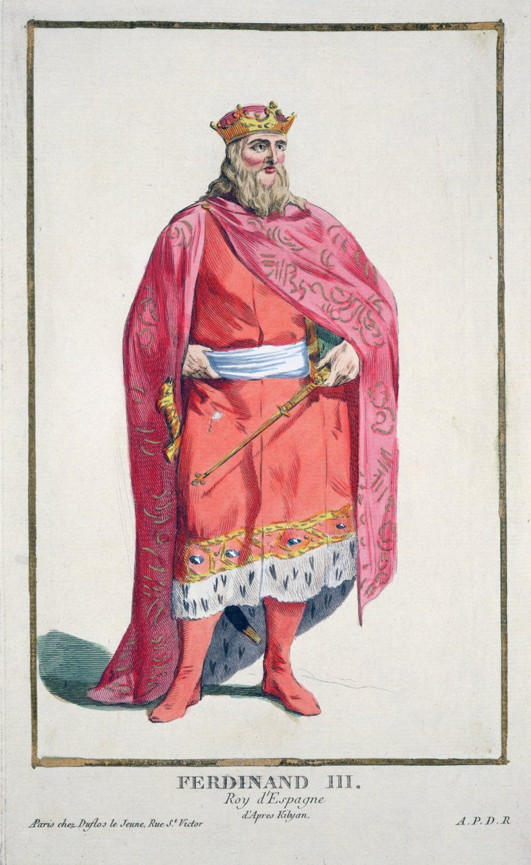 卡斯蒂利亚和莱昂的费迪南德（1217-52）来自&39;Receuil des Estampes，代表范围和Dignites，遵循所有现有国家的服装&39;，1780年出版（手工彩色雕刻） 作者 皮埃尔·杜弗洛斯
