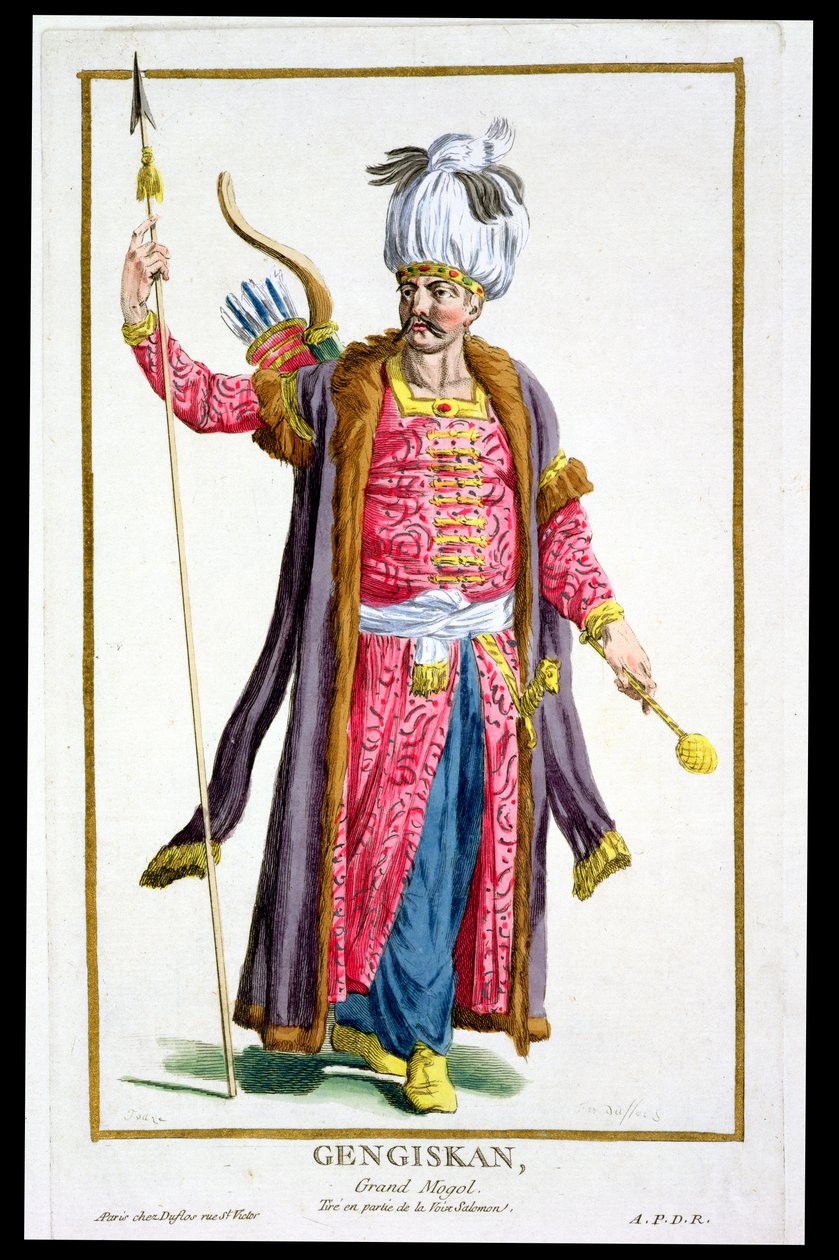 成吉思汗（c.1162-1227）来自&39;Receuil des Estampes，代表Ranges and Dignites，遵循所有现有国家的服装&39;，1780年出版（手工彩色雕刻） 作者 皮埃尔·杜弗洛斯