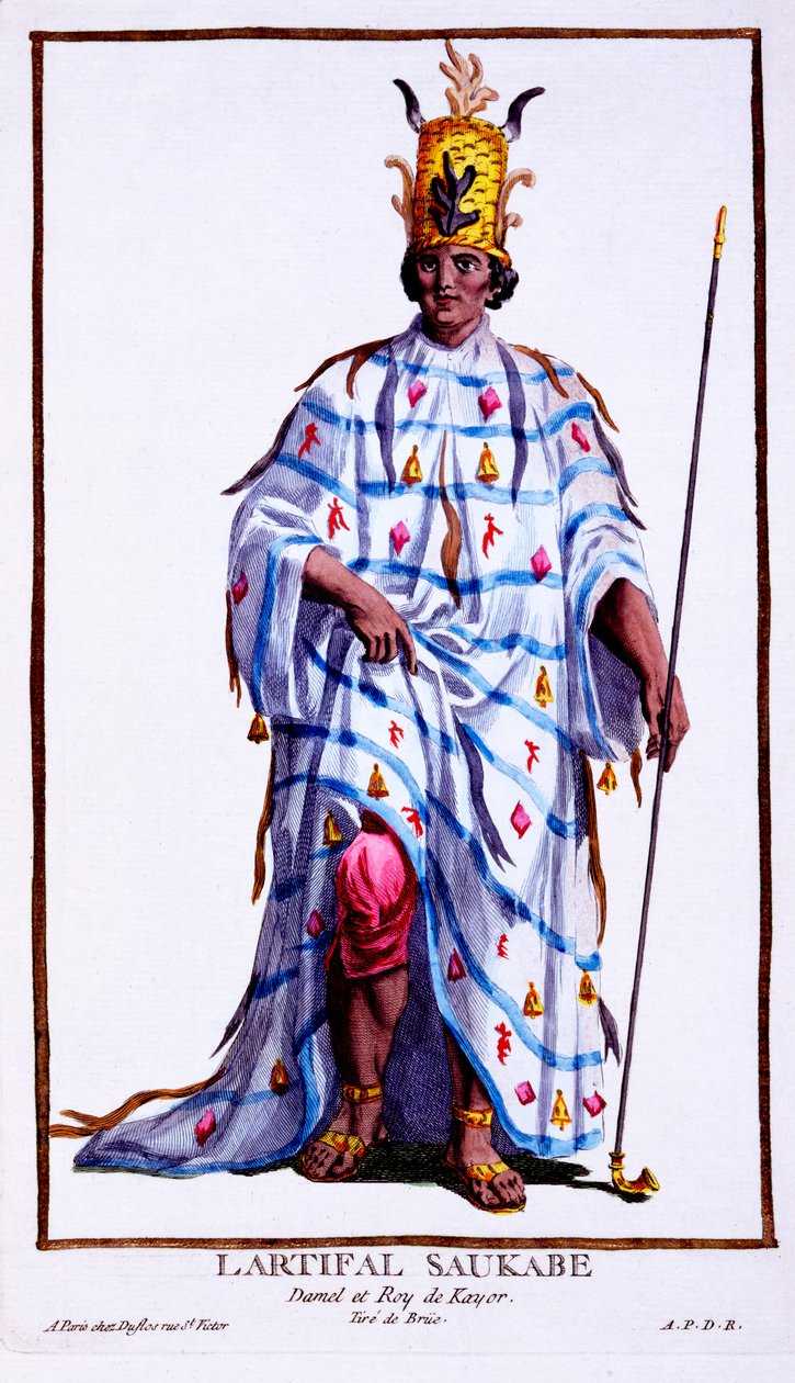 Kayor国王，Llartifal Saukabe，来自&39;Receuil des Estampes，代表Ranges和Dignites，遵循所有现有国家的服装&39;，1780年出版（手工彩色雕刻） 作者 皮埃尔·杜弗洛斯
