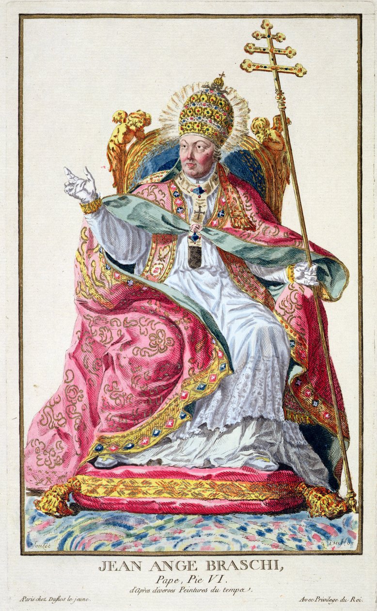教皇皮乌斯六世（1717-99）来自&39;Receuil des Estampes，代表Ranges和Dignites，遵循所有现有国家的服装&39;，1780年出版（手工彩色雕刻） 作者 皮埃尔·杜弗洛斯