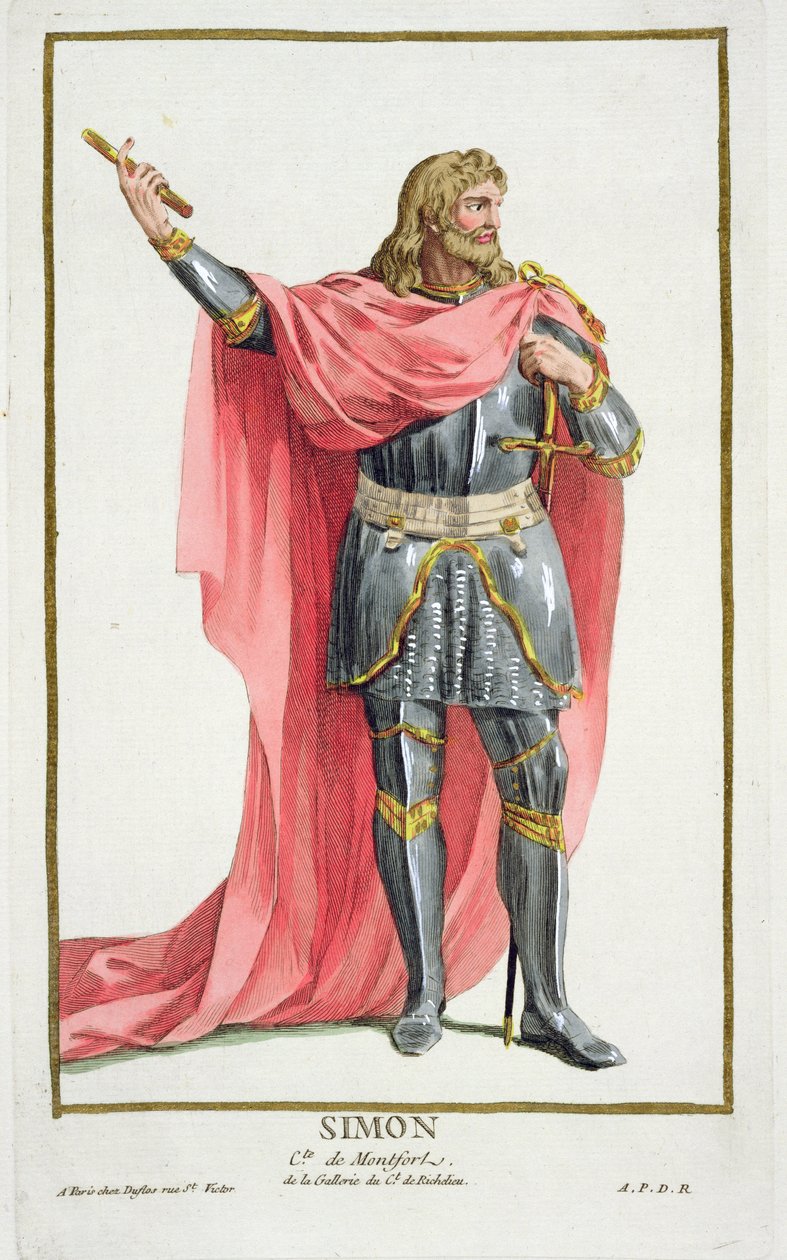 Simon de Montfort（c.1165-1218）来自&39;Receuil des Estampes，代表Ranges and Dignites，遵循所有现有国家的服装&39;，1780年出版（手工彩色雕刻） 作者 皮埃尔·杜弗洛斯