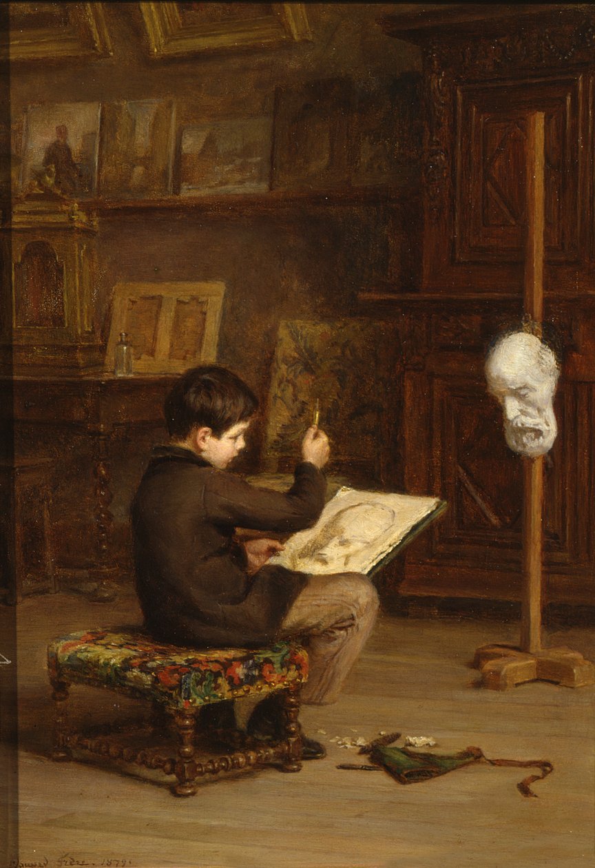 从铸造头的年轻男孩图画，1879年 作者 皮埃尔·爱德华·弗雷尔