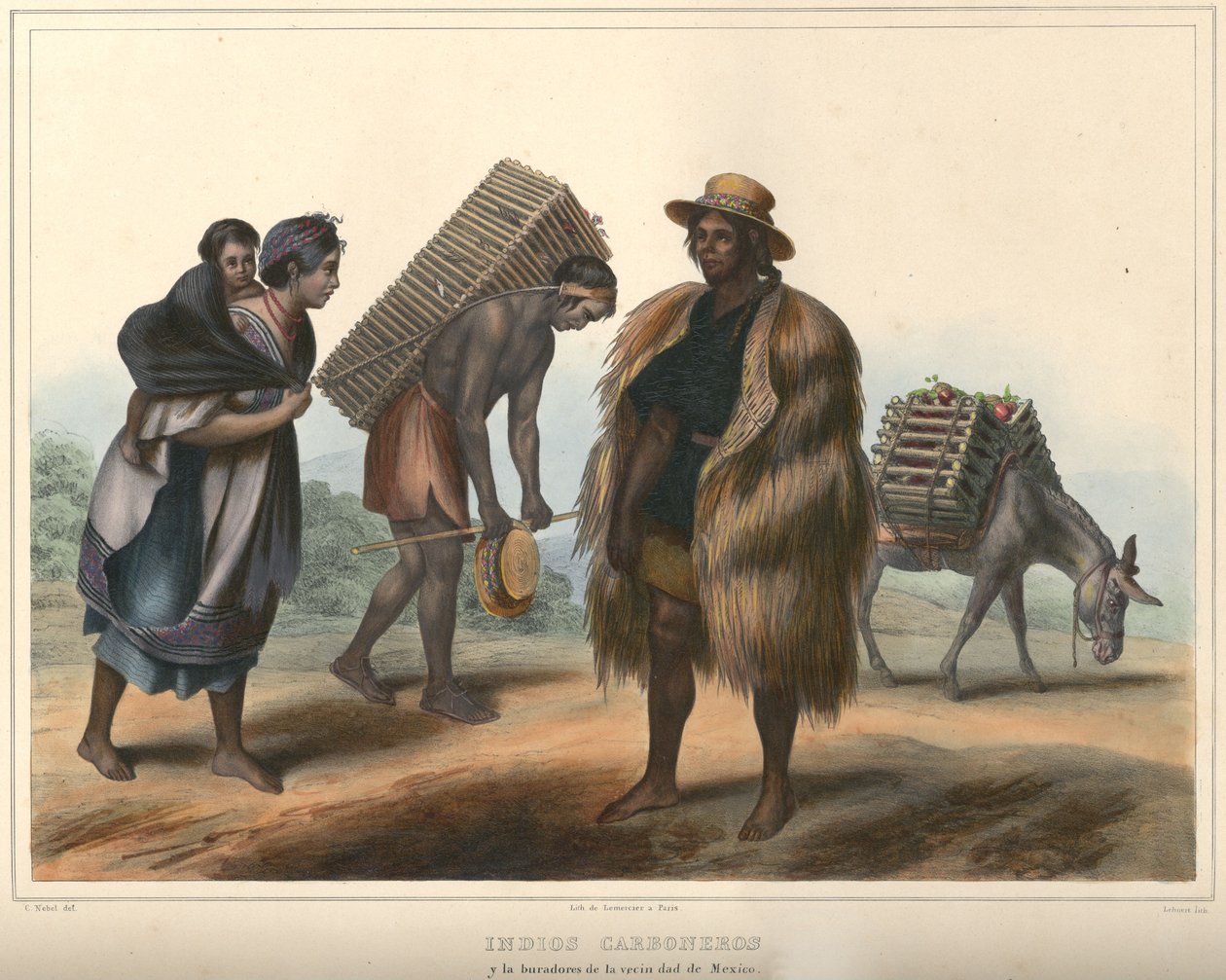 服装组Indios Carboneros。用阿拉伯树胶突出的手工彩色石版画。原始尺寸（整齐的线条） 作者 皮埃尔·弗雷德里克·莱纳特