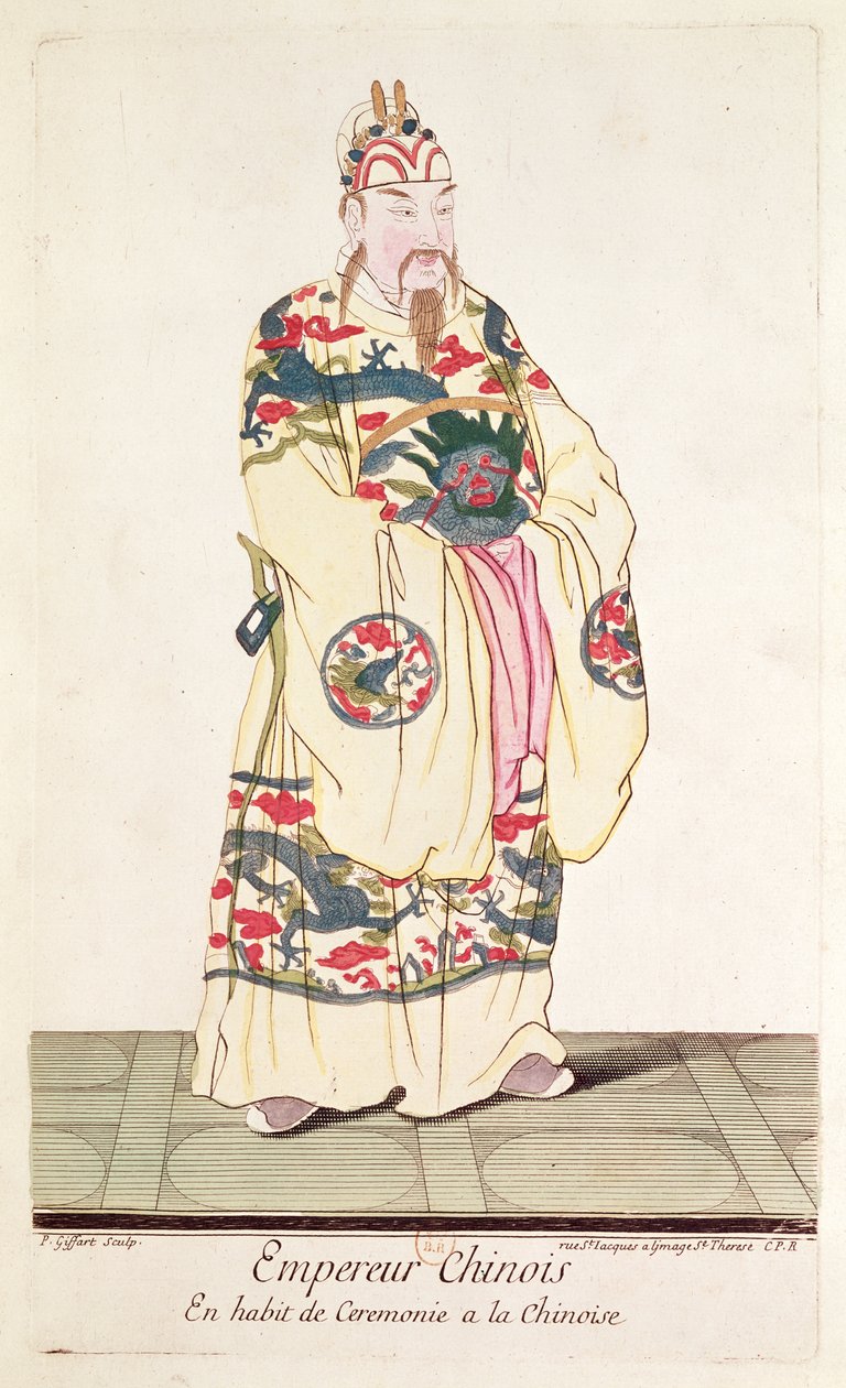 中国皇帝穿着礼服，来自Pere Bouvet的“Estat Present de la Chine”，1697年 作者 皮埃尔·吉法特