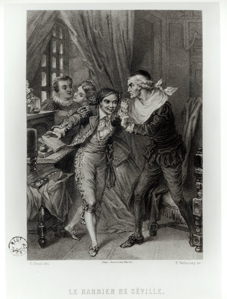 费加罗，插图来自塞维利亚理发师的第三幕第12幕由Pierre Augustin Caron de Beaumarchais（1732-99）雕刻，费迪南德·德拉诺伊（1850年）1874年 作者 皮埃尔·古斯塔夫·尤金·斯塔尔
