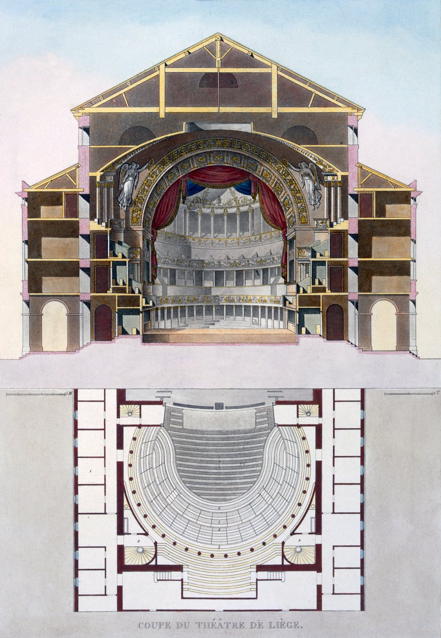 1827年出版的比利时列日剧院，“选择纪念碑，最杰出的建筑物和荷兰王国的房屋”的横截面 作者 皮埃尔·雅克·格特赫布尔