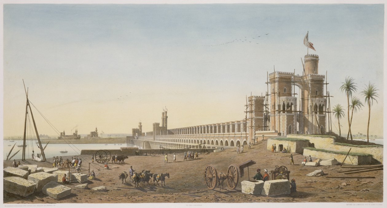 横跨尼罗河的大坝，阿斯旺大坝的建筑，由Philippe Benoist（1813-c.1905）和Eugene Ciceri（1813-90）雕刻1853年 作者 皮埃尔·约瑟夫·巴赞