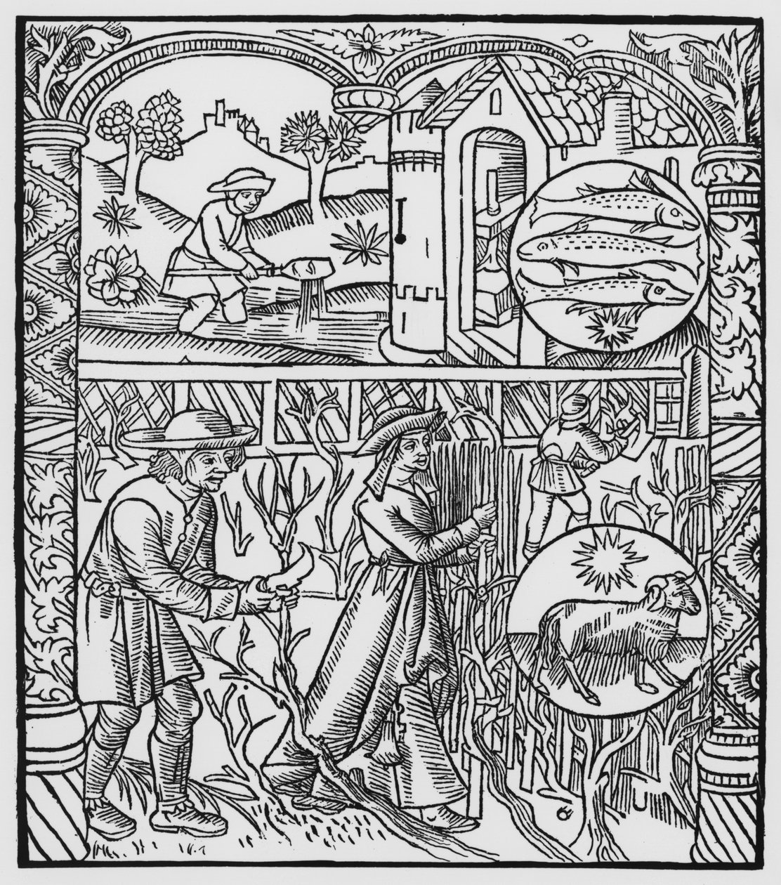 3月，钓鱼和修剪树木，双鱼座，来自&39;Almanach des Bergers&39;的插图，1491（xylograph） 作者 皮埃尔·勒·鲁格