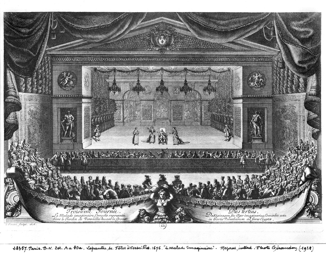 莫里哀（1622-73）的“La Malade Imaginaire”第三天在凡尔赛宫的花园里演出，1676年 作者 皮埃尔·勒帕特雷