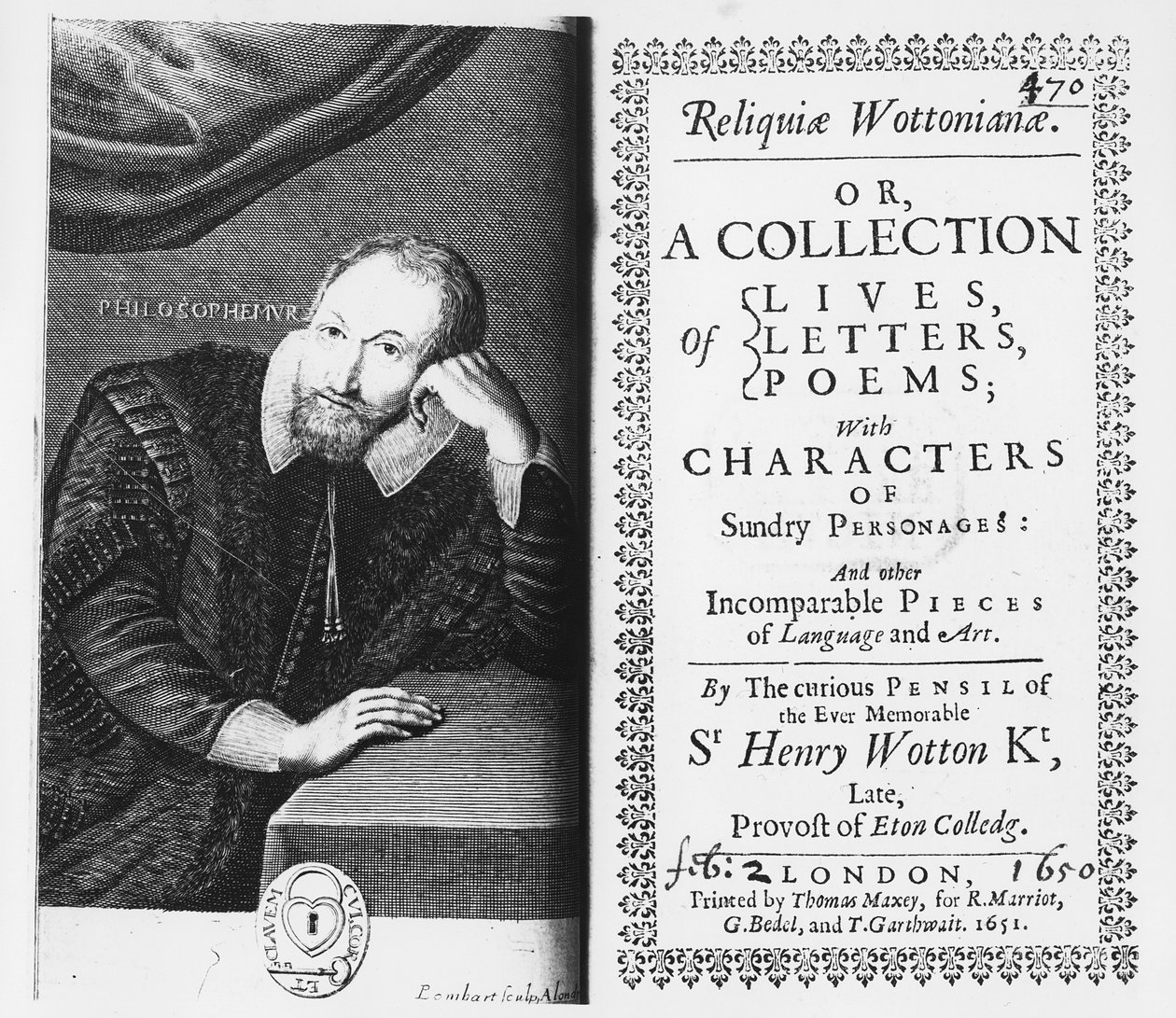 1651年&39;Reliquiae Wottonianiae&39;的标题页和正面图 作者 皮埃尔·隆巴德（Lombard）