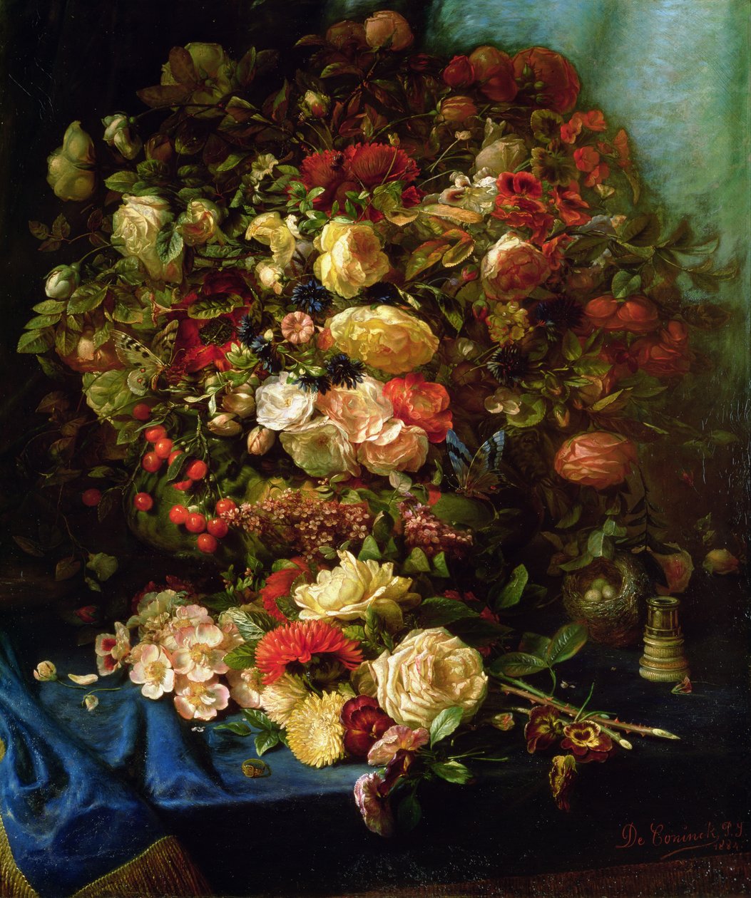 1884年鸟巢上的花卉静物画 作者 Pierre Louis de Coninck