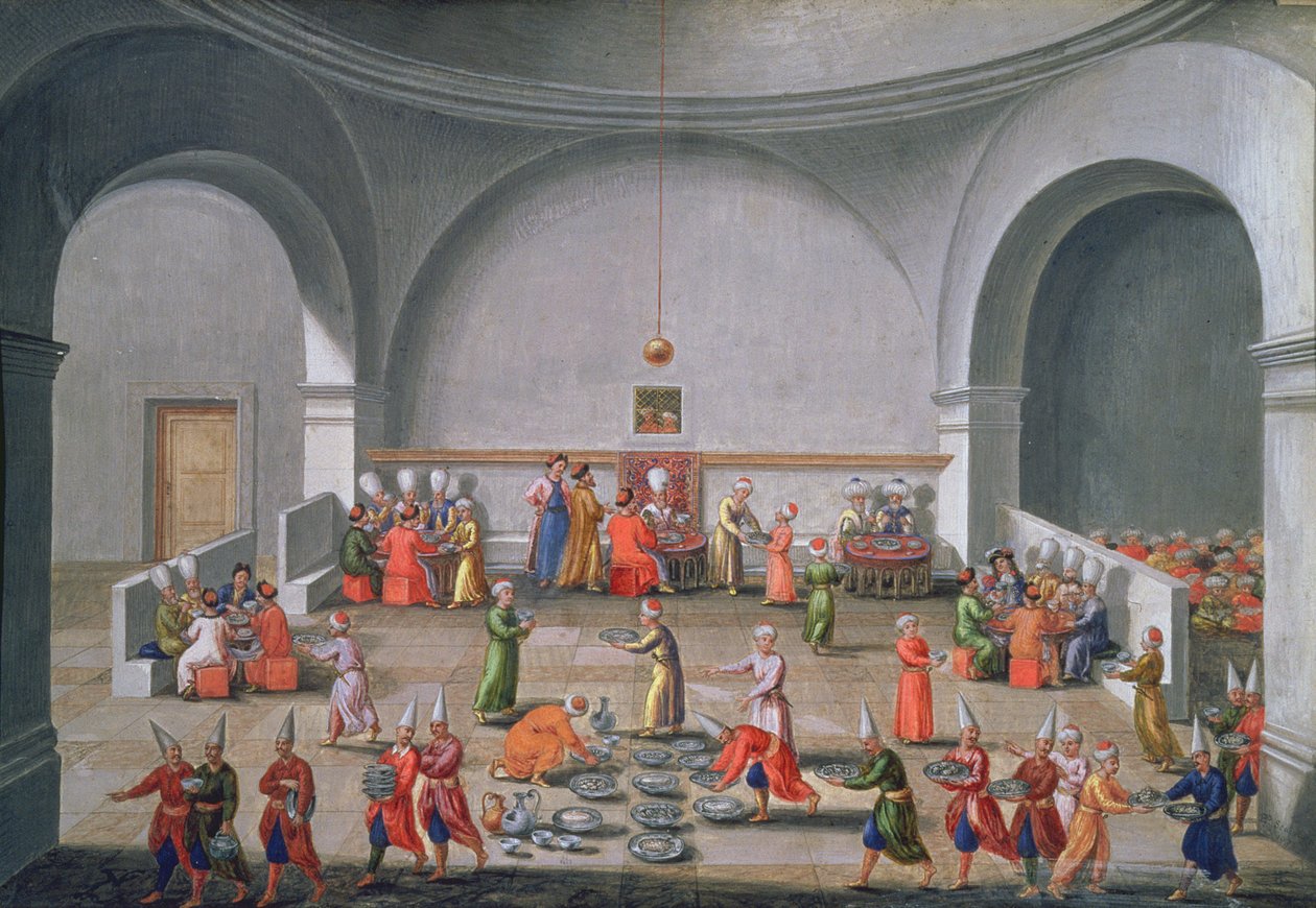 Jan Gninski的伊斯坦布尔外交使团，为纪念波兰使命而举行的晚宴，1679年（纸上有金箔的水粉） 作者 皮埃尔·保罗·塞文