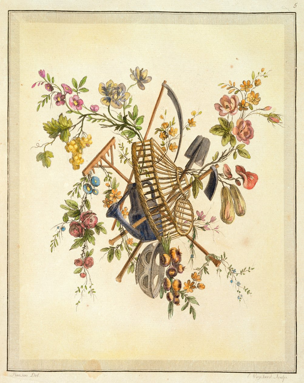 花园纺织品设计，来自&39;包含一系列Trophees，属性，墨盒，花瓶，花，Ornemens的工作，以及几个令人愉快的图纸来刺绣扶手椅&39;，由Etienne雕刻 作者 皮埃尔·兰森