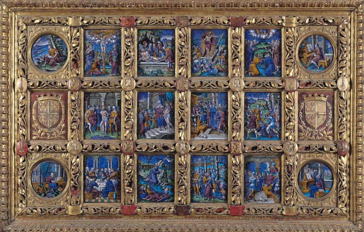 祭坛画描绘了激情与福音传教士的场景，其中包括Anne de Montmorency的手臂，Limousin Workshop金色和彩绘珐琅 作者 皮埃尔·雷蒙德