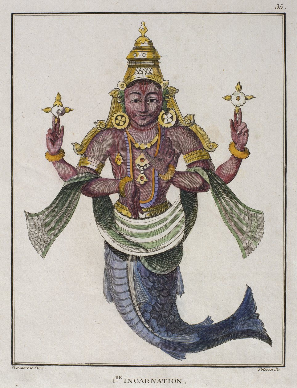 Vishnu的第一个头像为&39;The Fish&39;，插图来自&39;Sonoyne的Voyage aux Indes Orientales et a la Chine&39;，由Poisson雕刻，1782年（彩色雕刻） 作者 皮埃尔·桑纳拉特